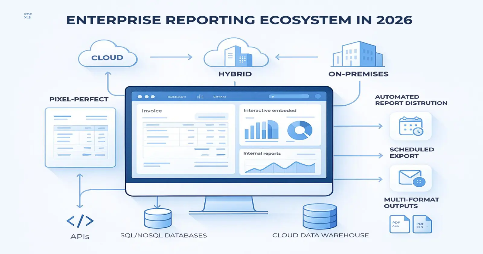 Enterprise reporting ecosystem with cloud, hybrid, and on‑premises data flows