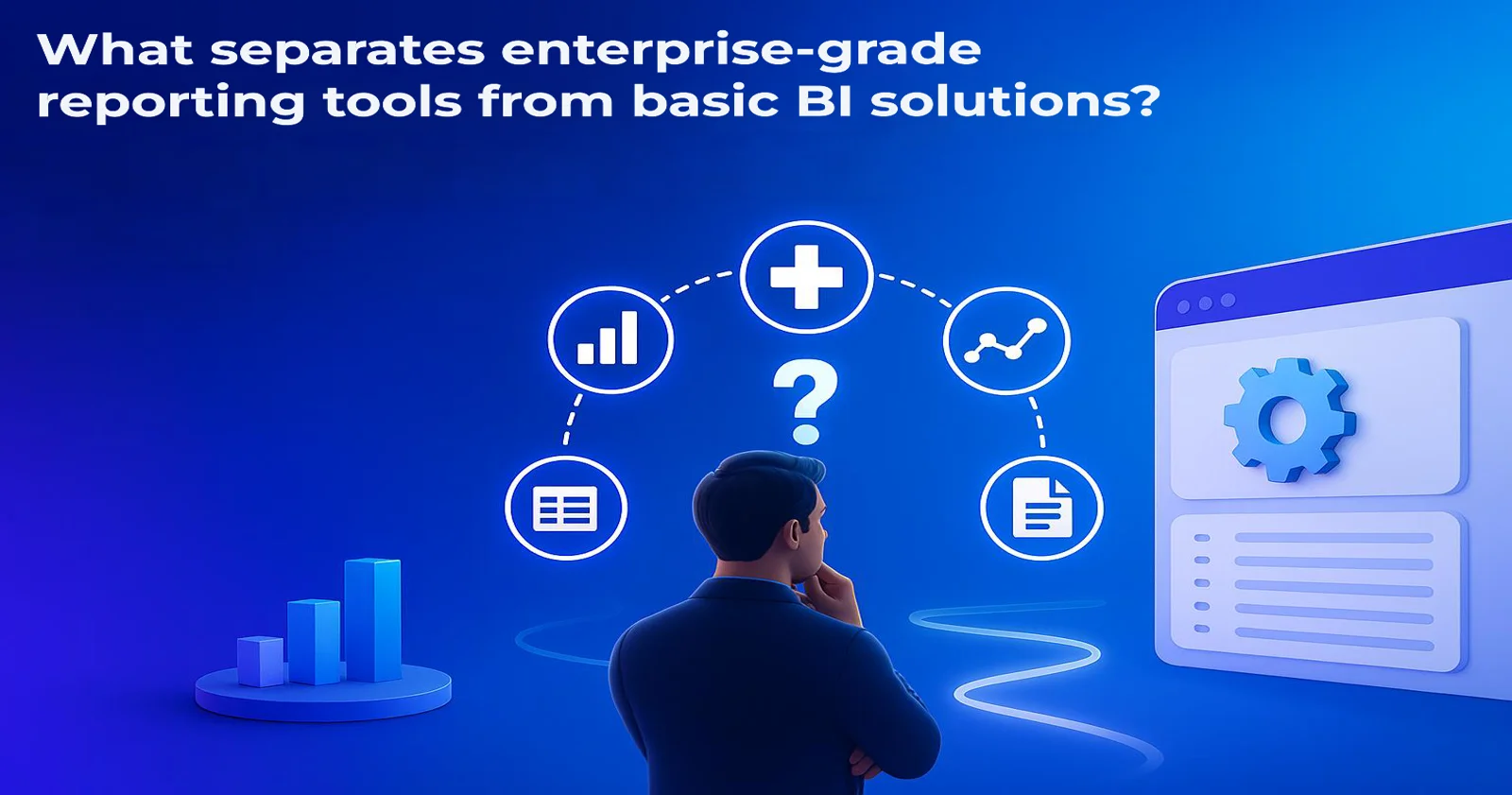Person analyzing data icons and dashboard with headline about enterprise reporting vs BI.
