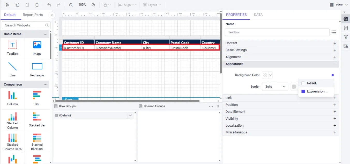 Appearance setting for table visual