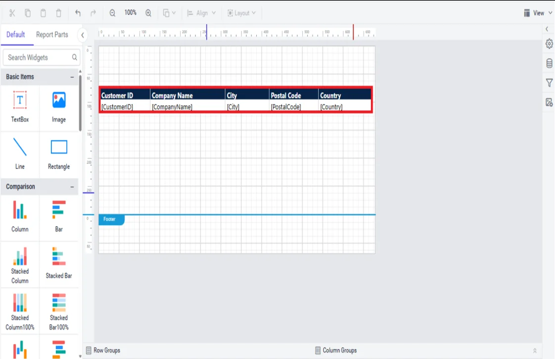 Row selected in the Bold Reports Report Designer page