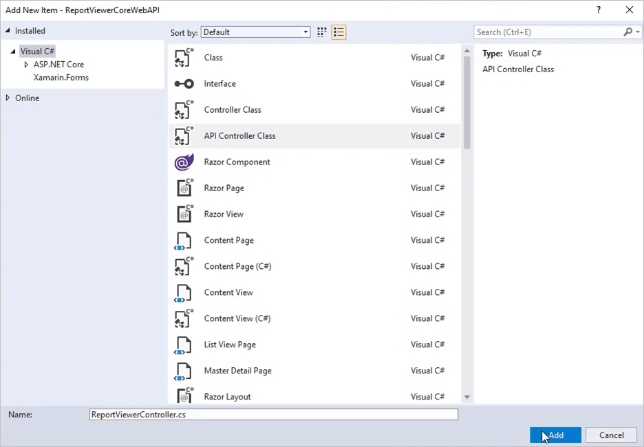 Select API Controller Class. | ASP.NET Core Reporting Tools