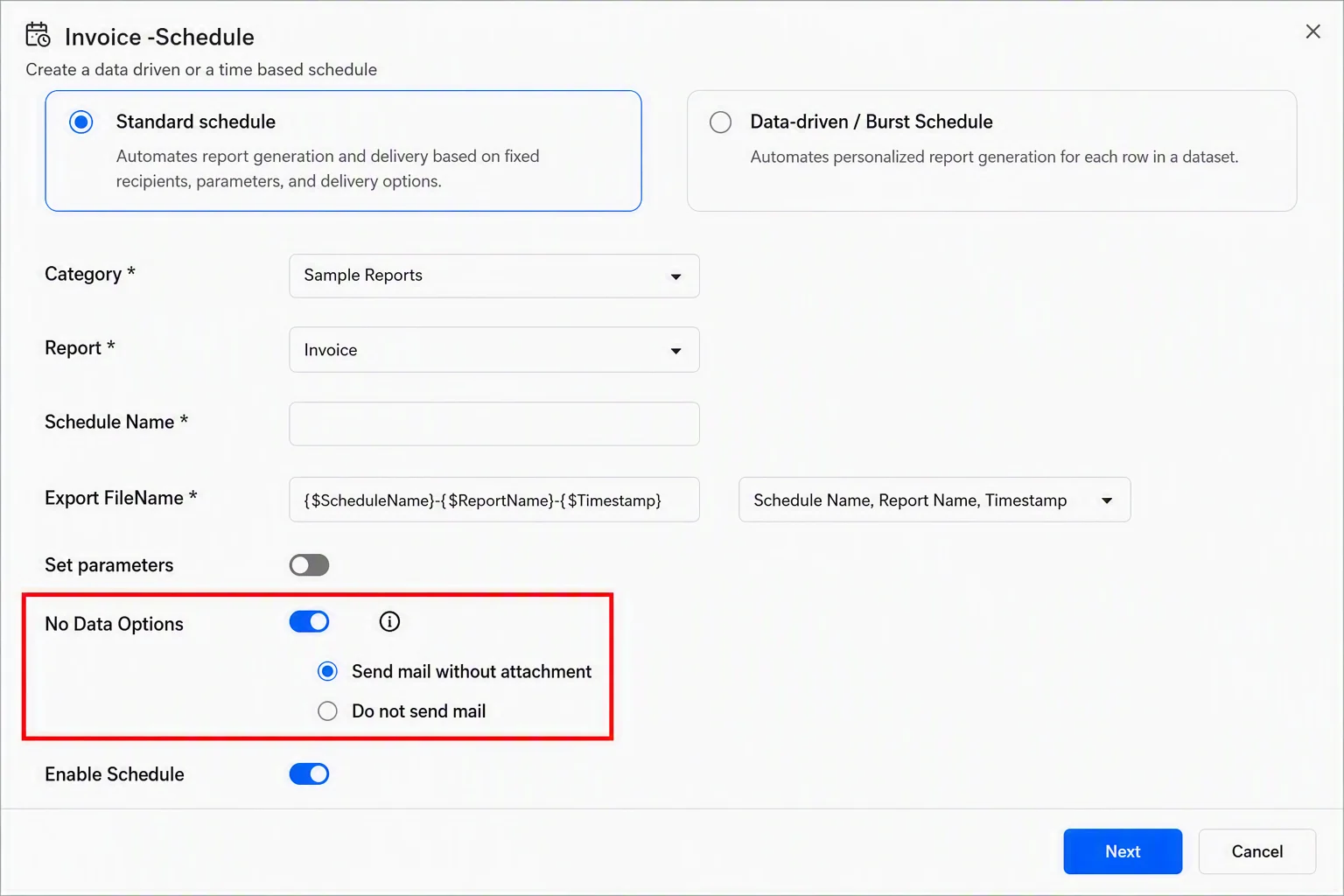 Selecting a no-data option