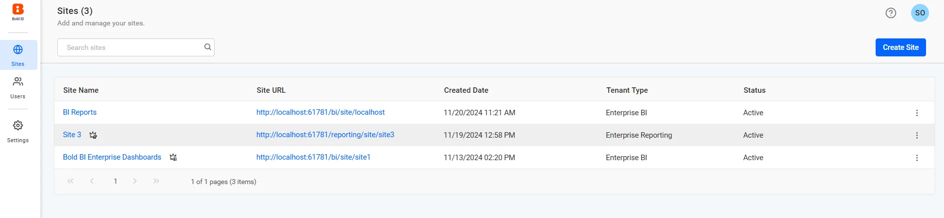 Create site button