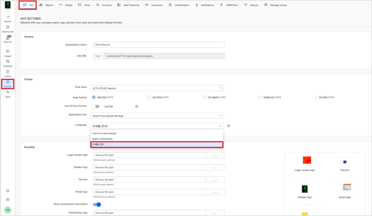 Language selection in site settings