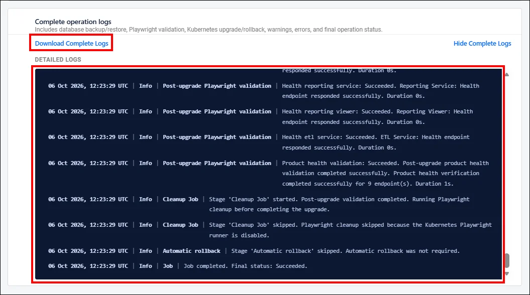 Complete operation logs panel