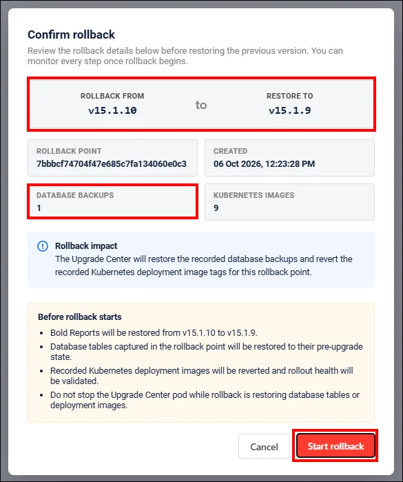 Confirm rollback dialog