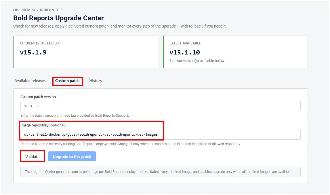 Custom Patch tab in the Upgrade Center