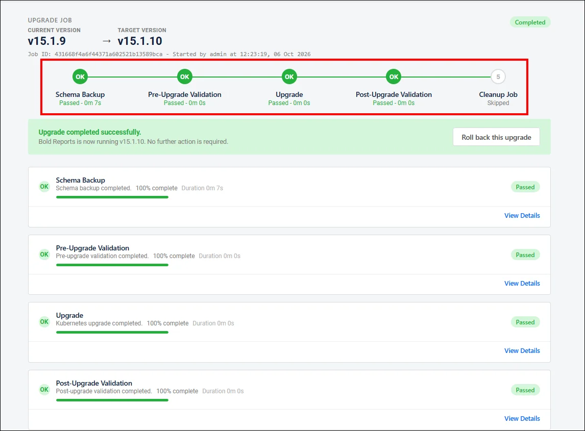 Upgrade monitoring page, five stages