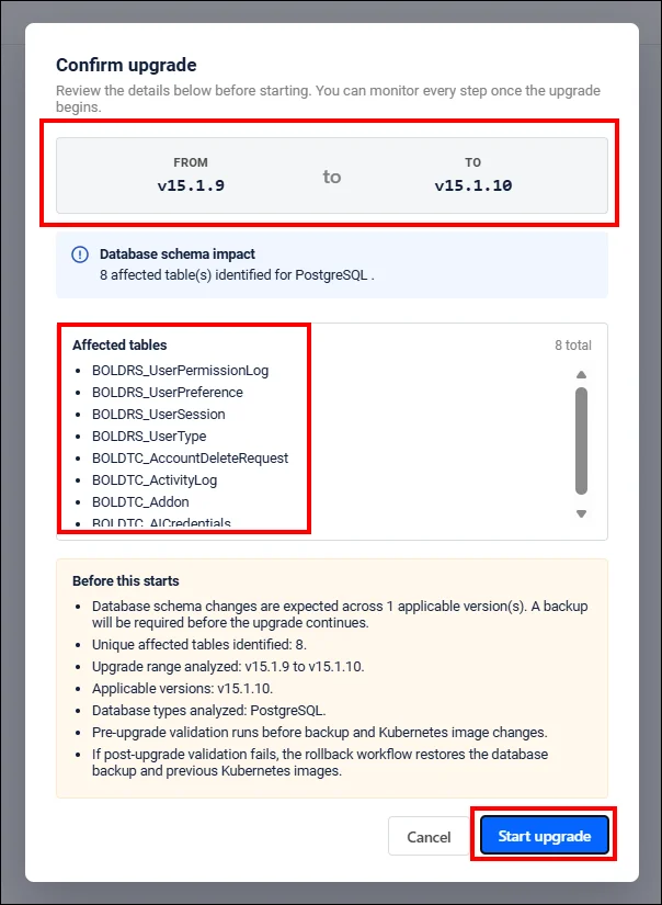 Confirm upgrade dialog with affected tables
