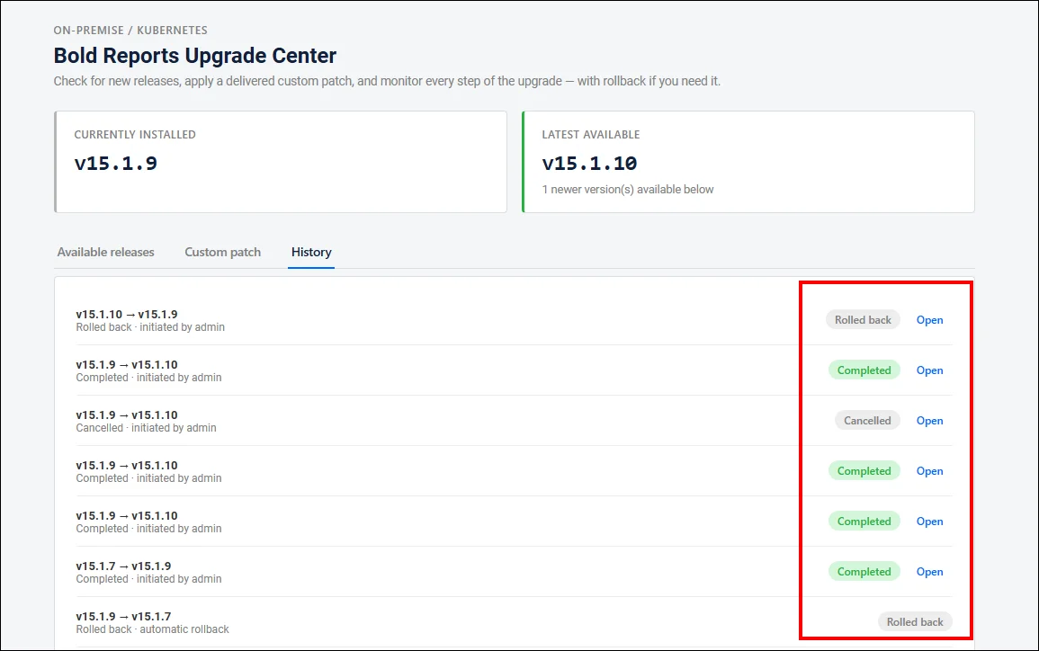 Upgrade Center History section