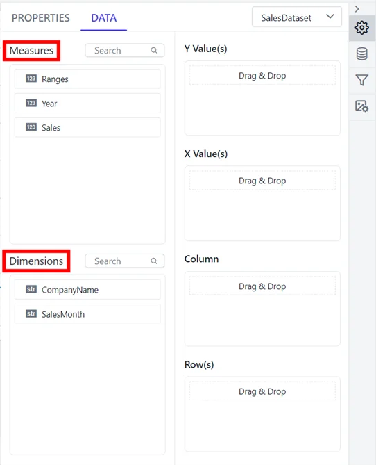 Data panel showing Measures and Dimensions sections with fields in dataset.