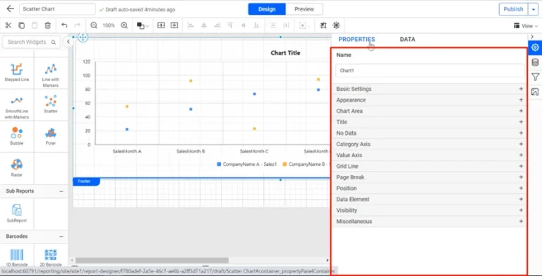 Report Designer page showing properties panel.