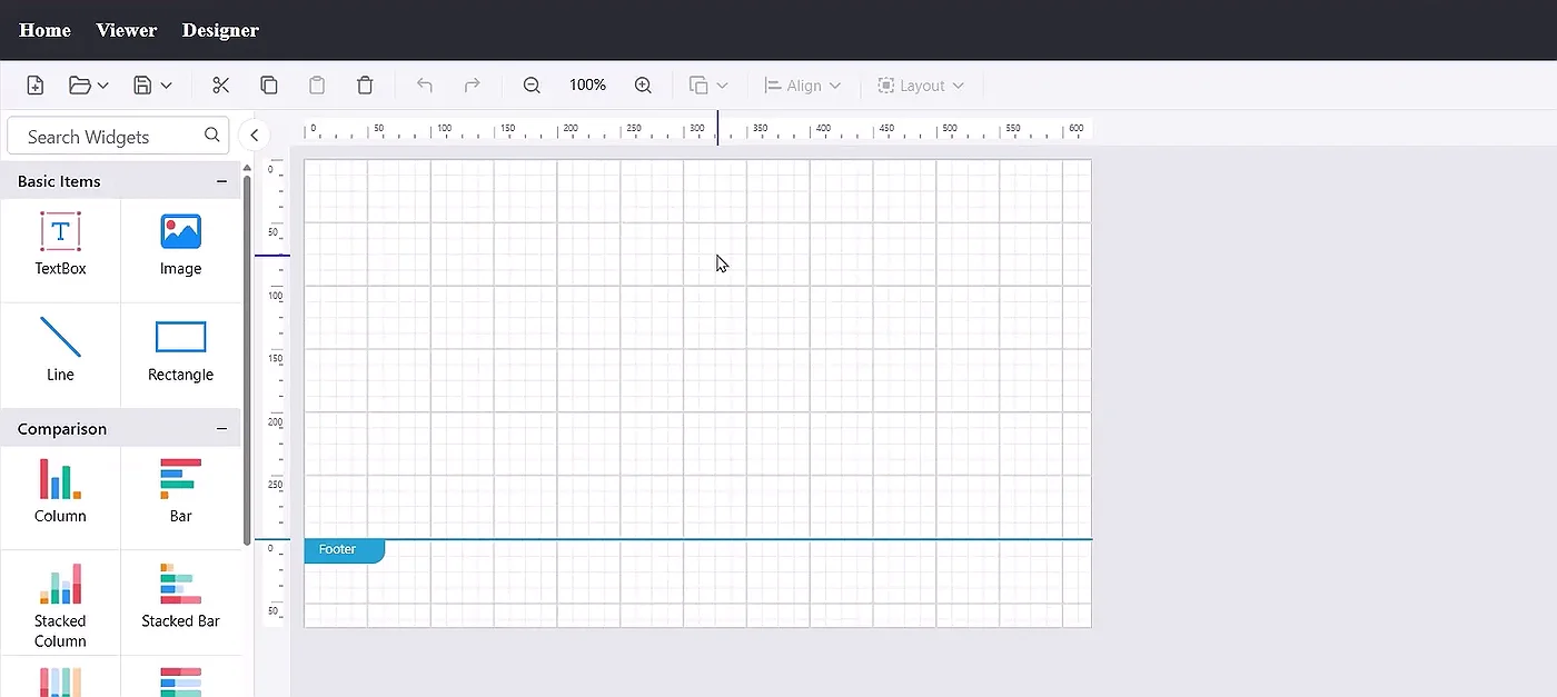 The report designer loaded in the same React app.