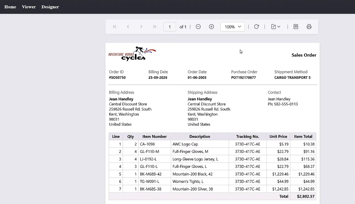 The report viewer rendering a sales order report inside the React app.