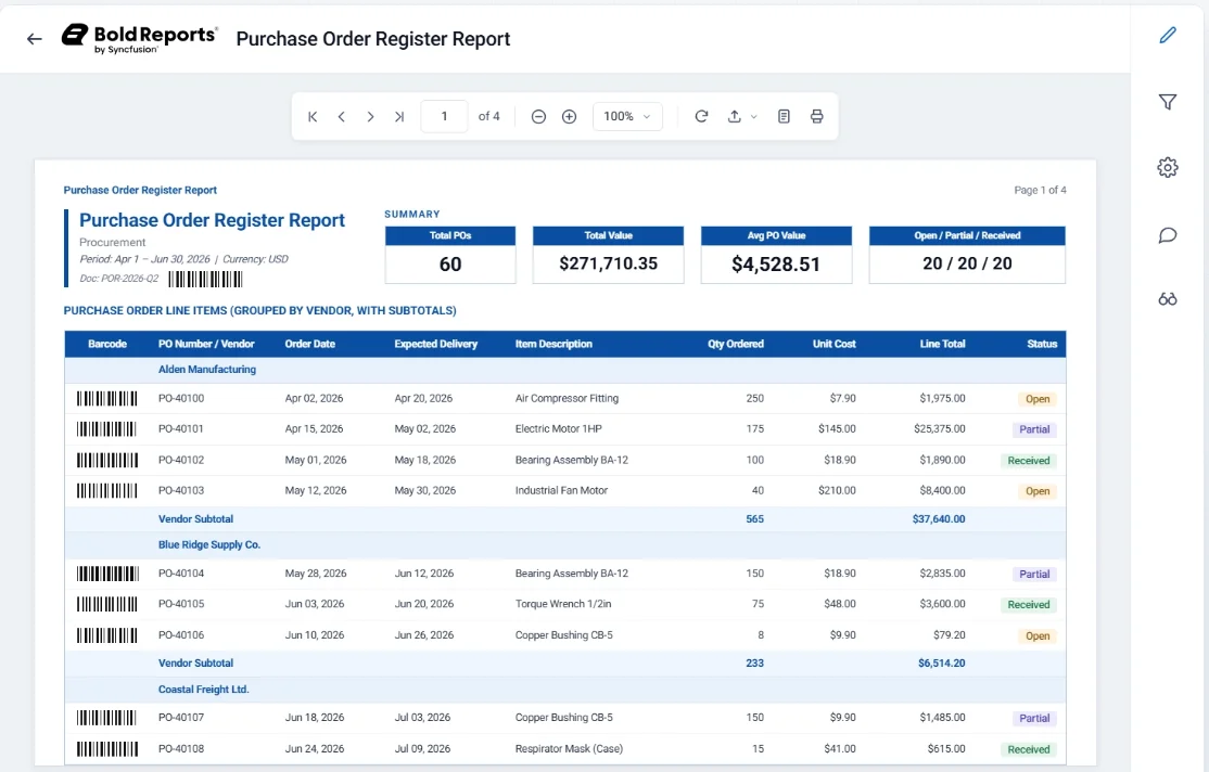 Purchase Order Register Report