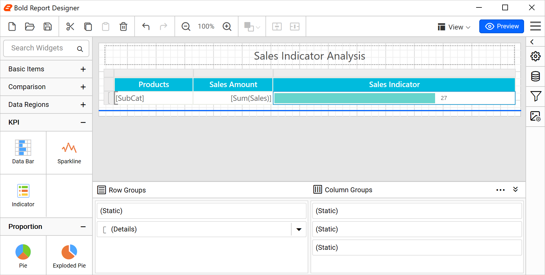Data bar configured with data labels and markers