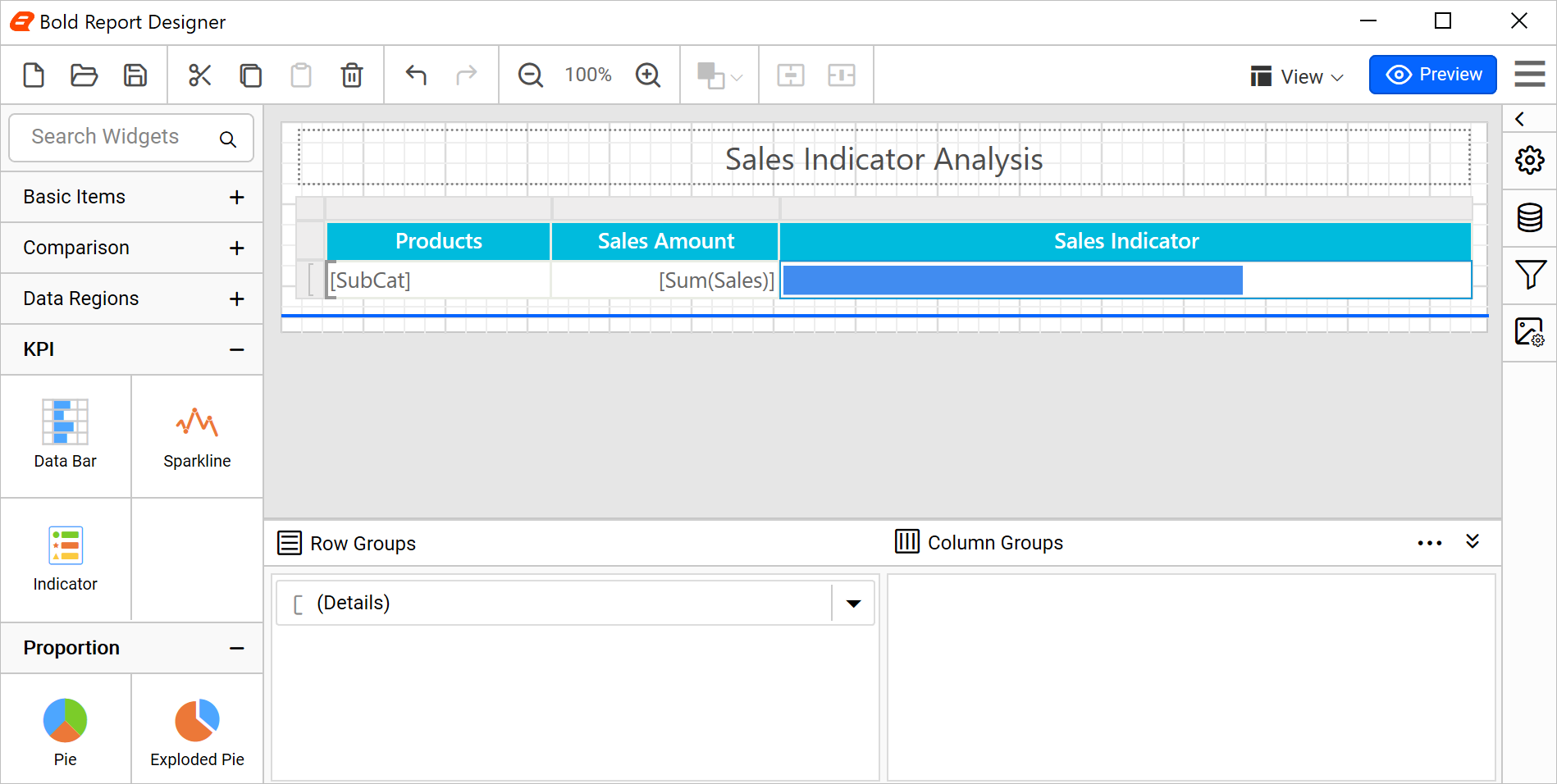 Data bar configured with random data in design mode