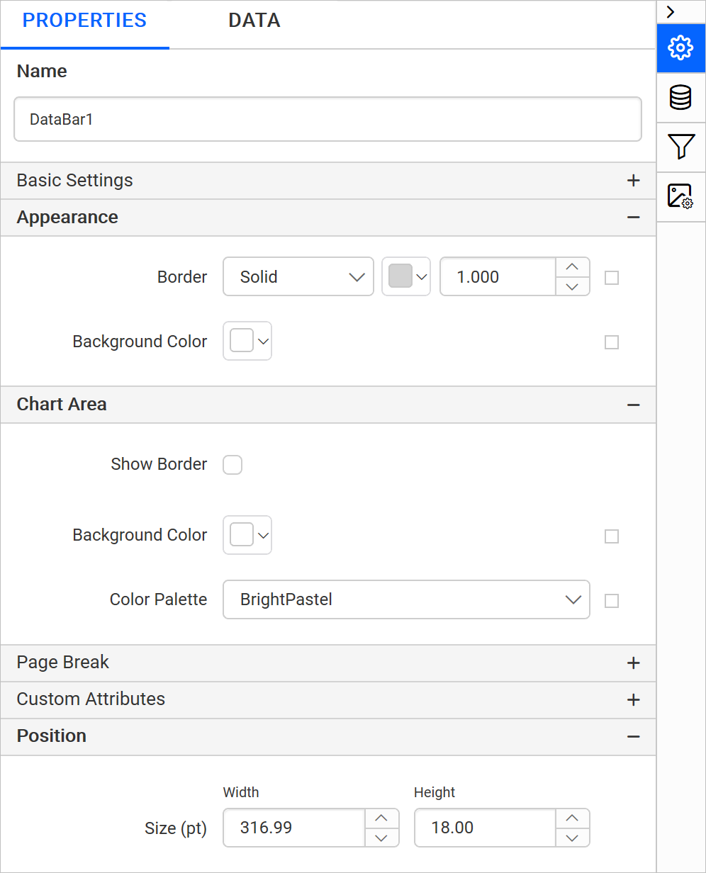 Data bar properties listed in properties panel