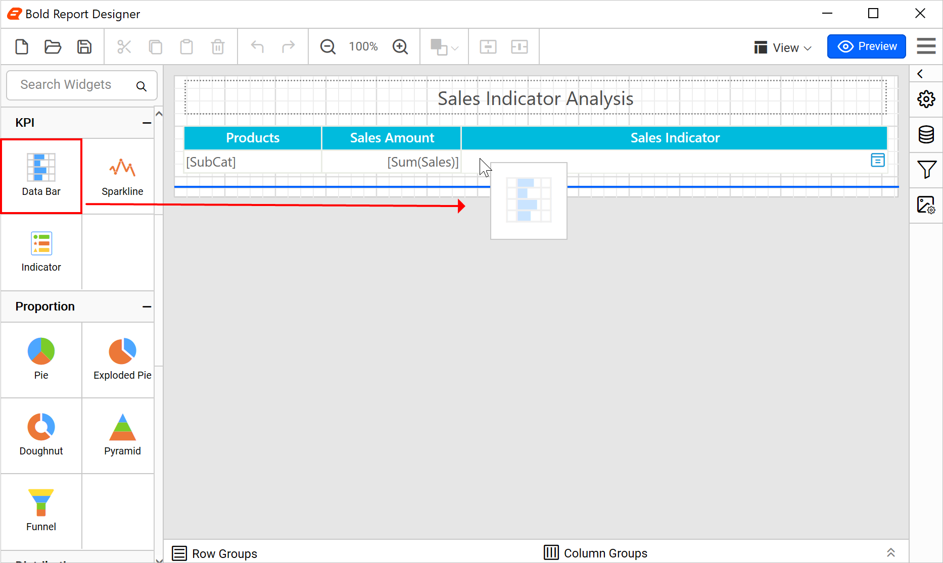 Drag and drop a data bar into a table cell
