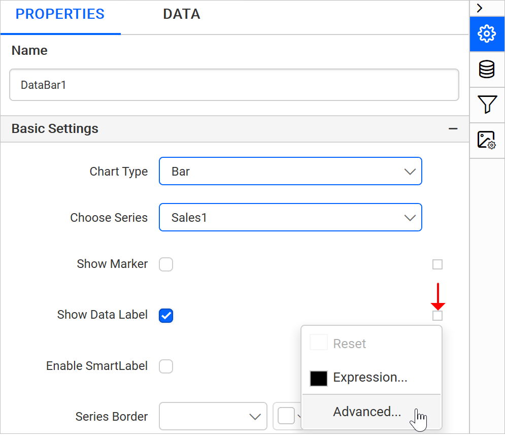 Opening advanced data bar properties