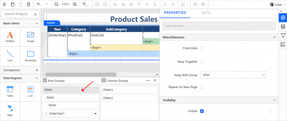 Open table member properties