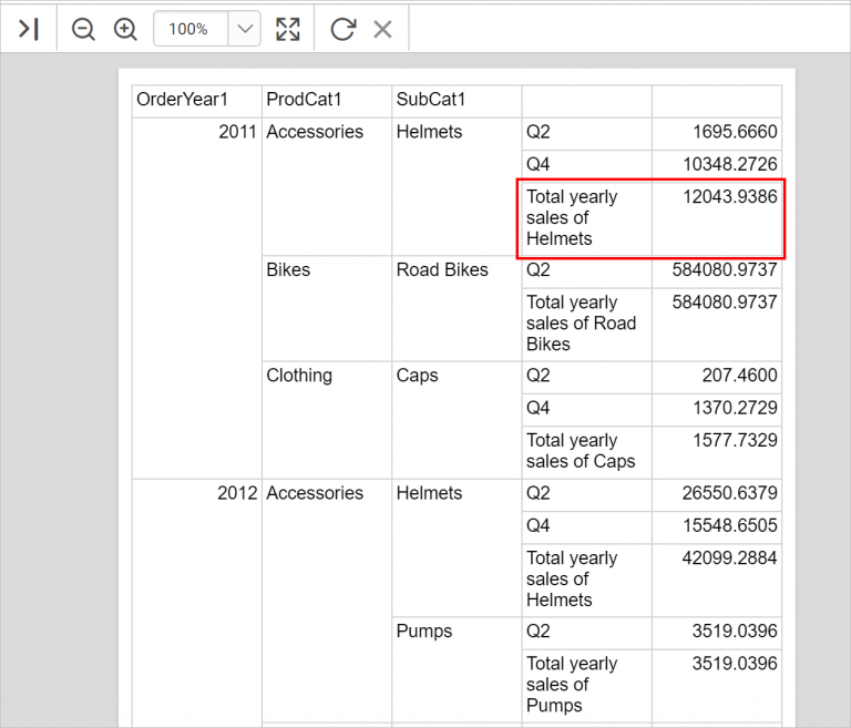 Table preview with subtotal