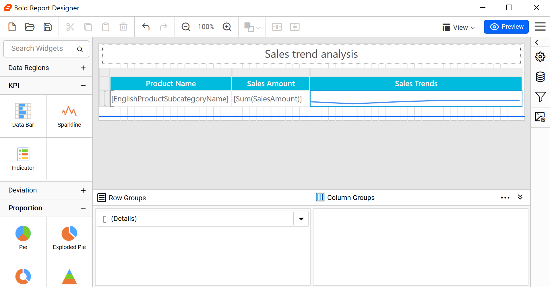 Sparkline configured with random data in design mode
