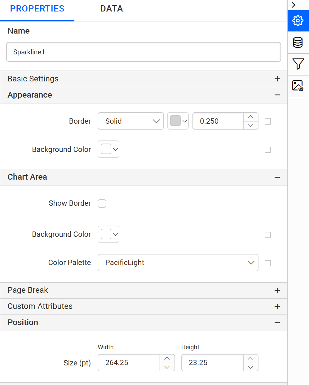 Sparkline properties listed in properties panel