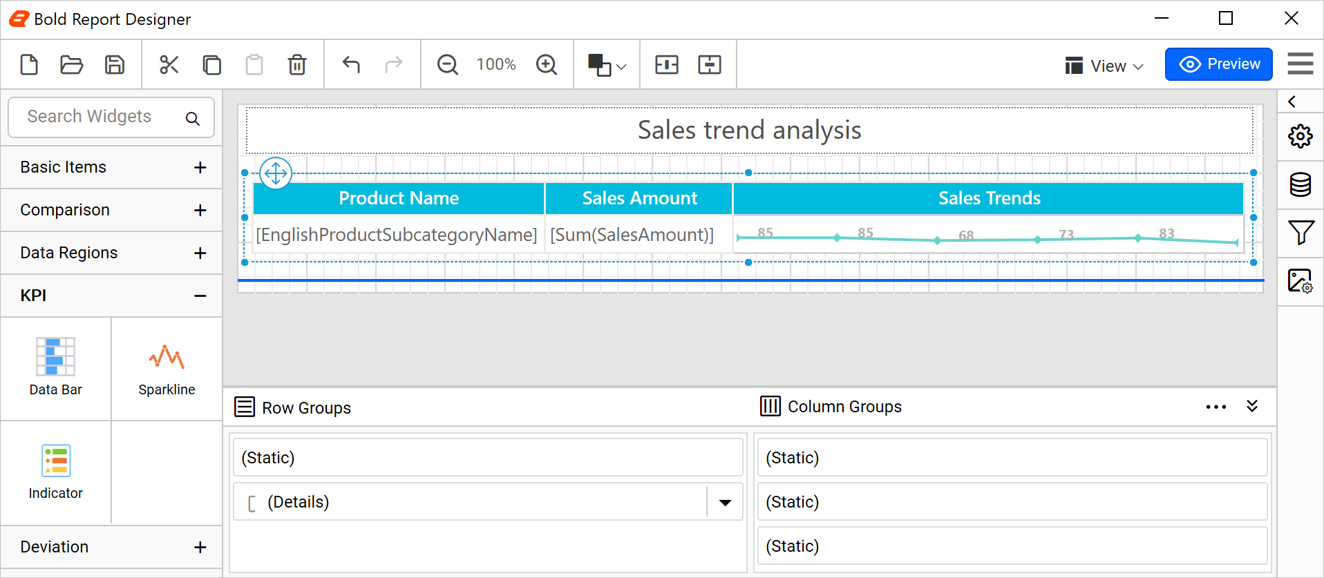 Sparklines configured with data labels and markers