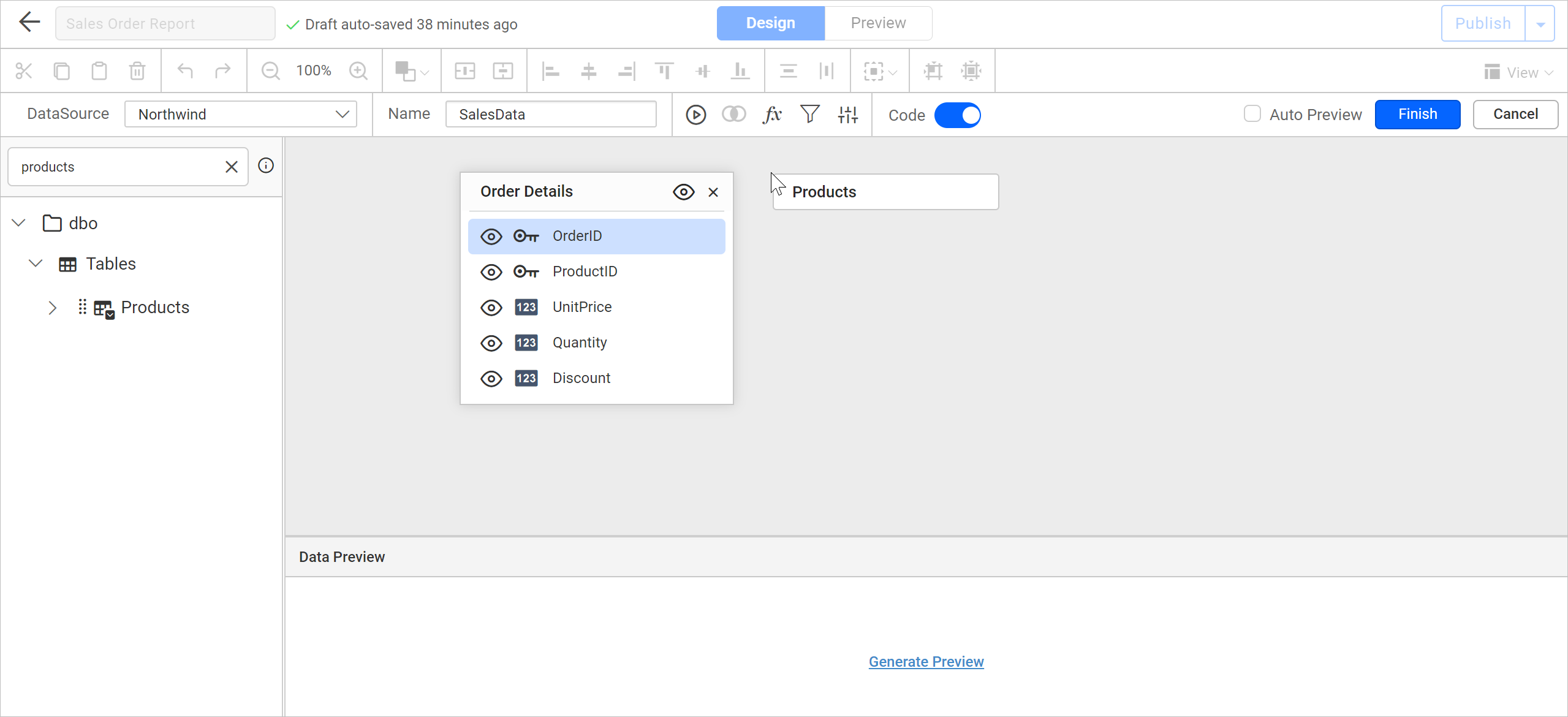 Adding multiple tables in design surface