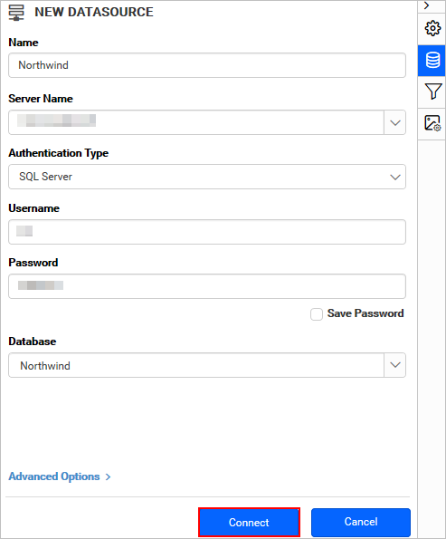 Data source connection panel