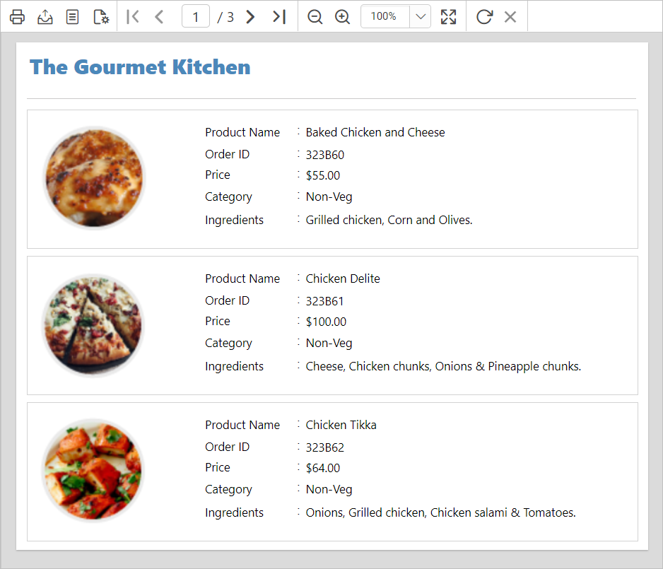 Report preview of the list of dishes in the restaurant