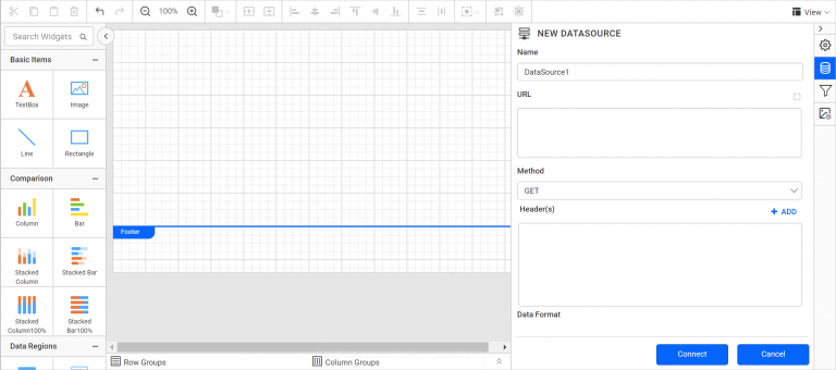 New data source connection pane