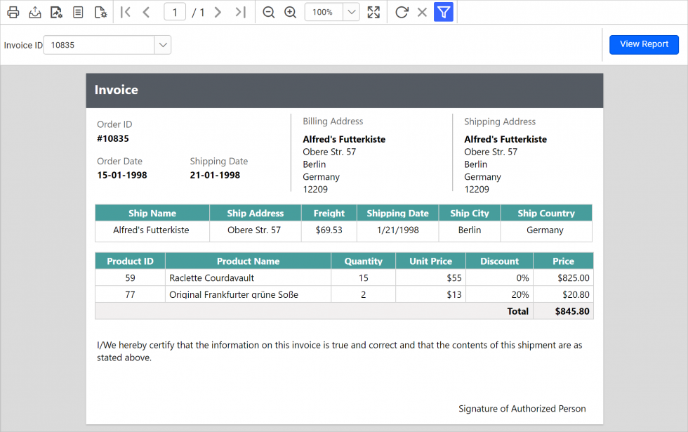 Report displaying invoice details