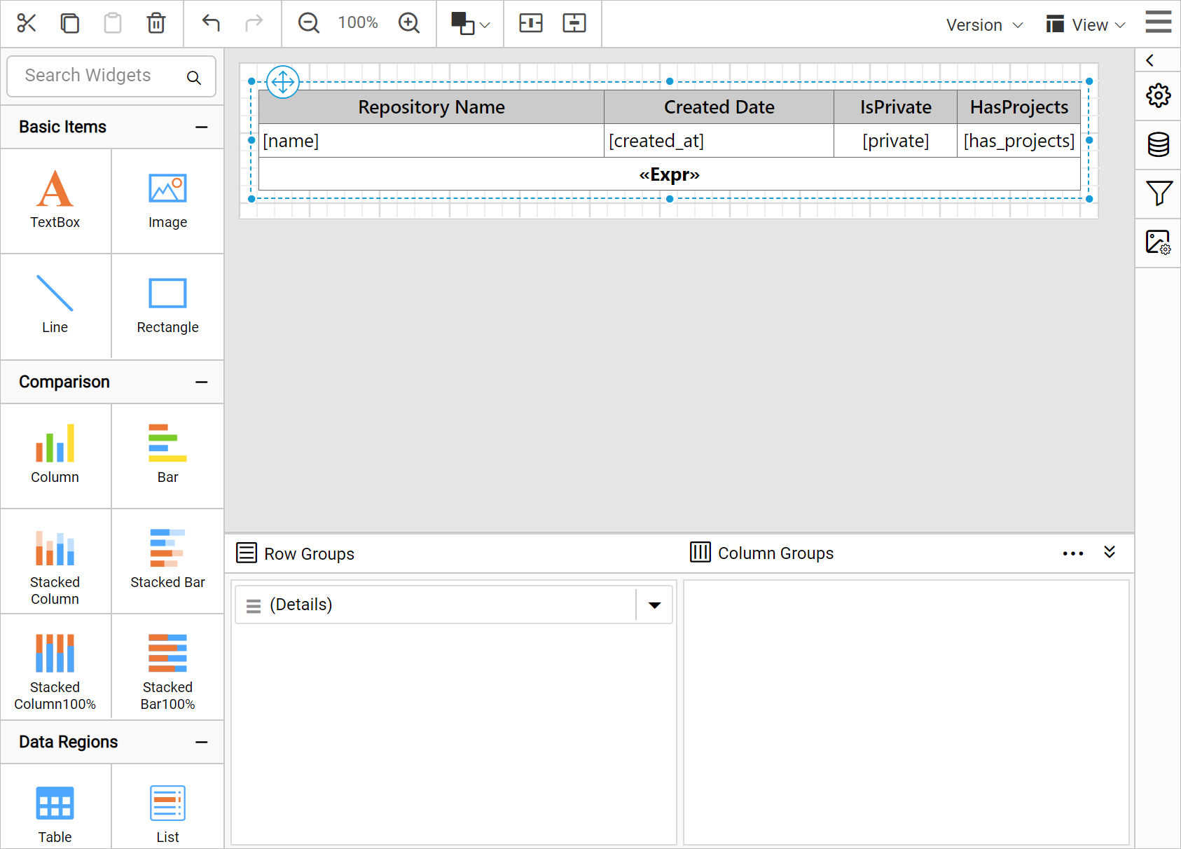 Display repository details using table