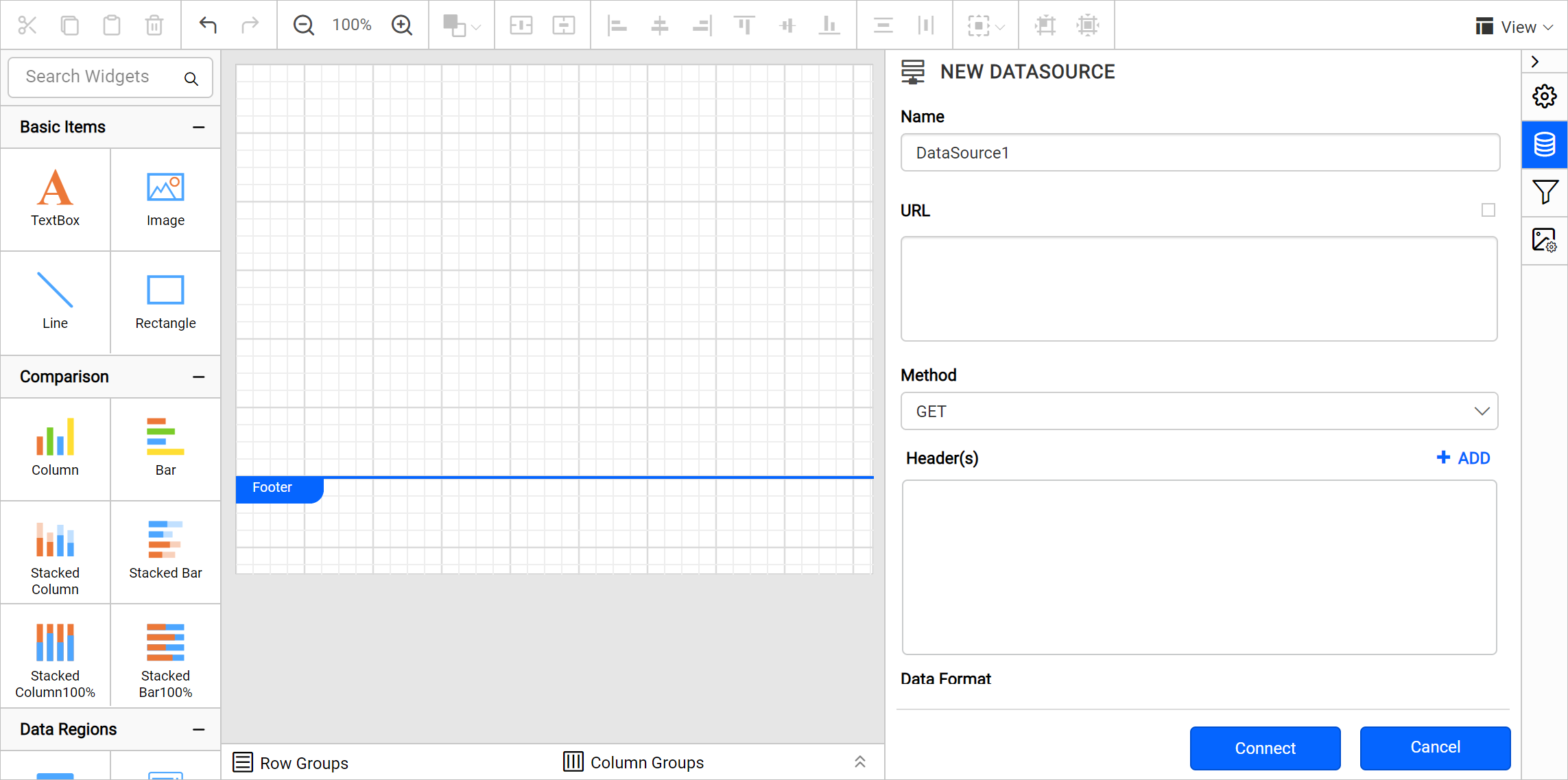 New data source connection pane