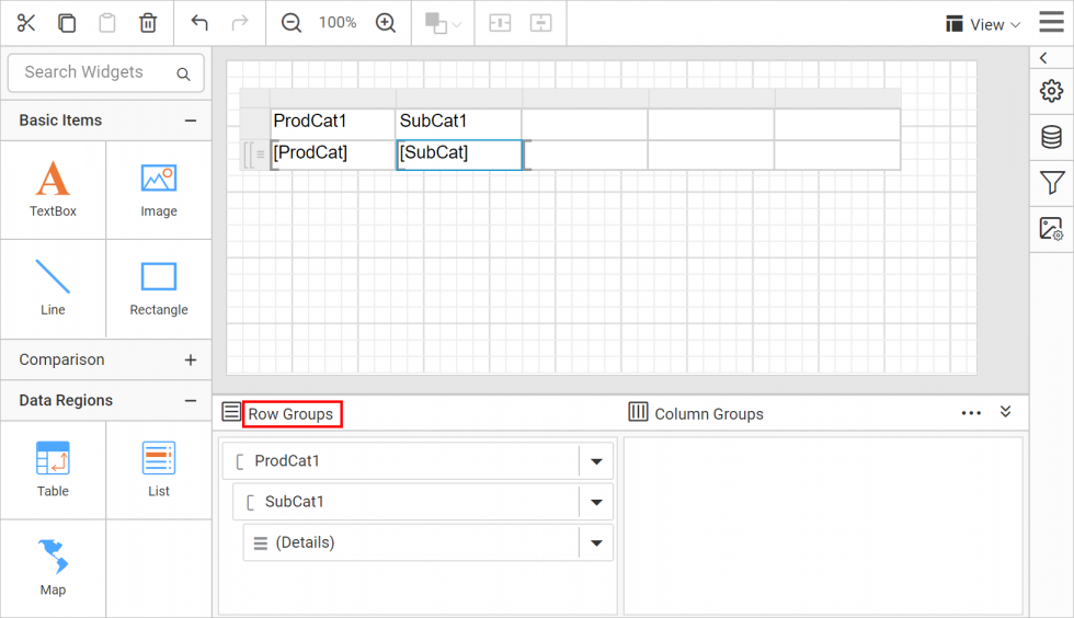 Table design with row groups