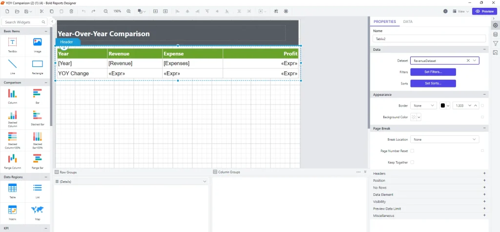 Expressions for calculating revenue, expenses, and profit.
