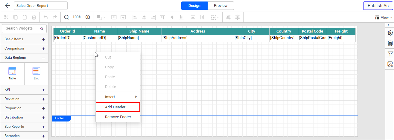 Add header in the design area
