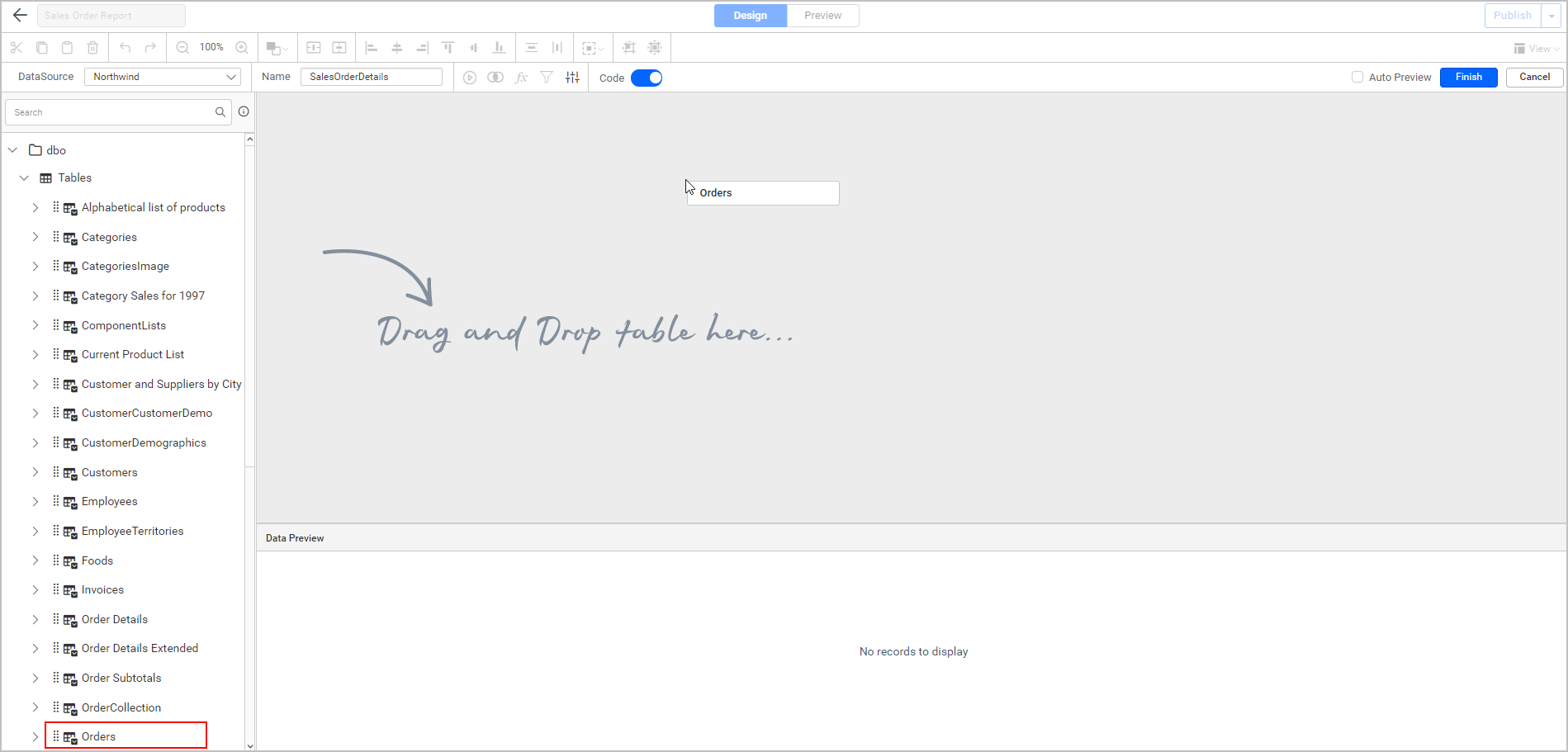 Drag and drop table into query designer surface