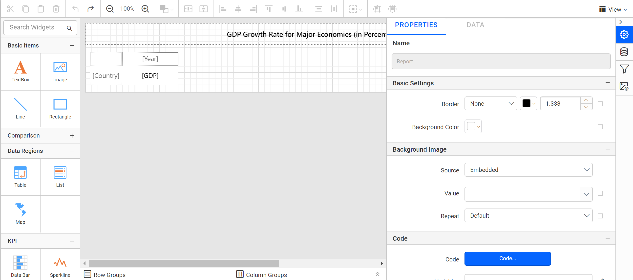 Report properties view