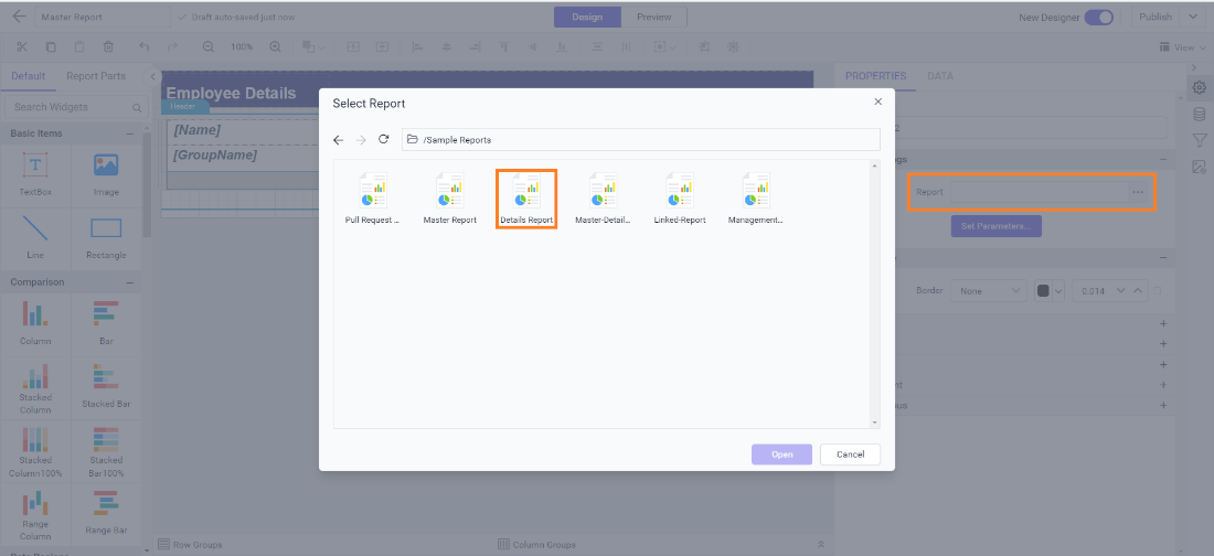 Add detail report with subreport property options