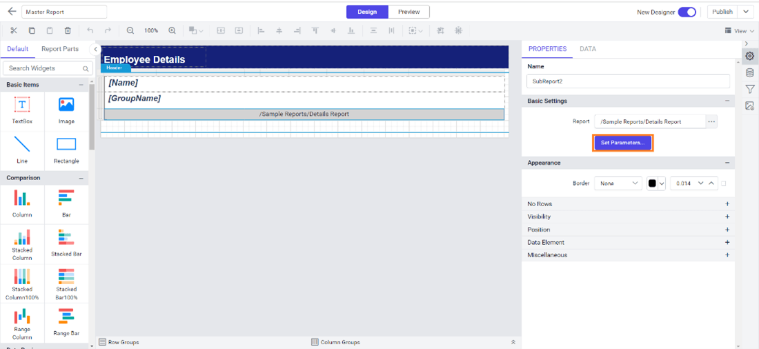 Set subreport parameters in master report