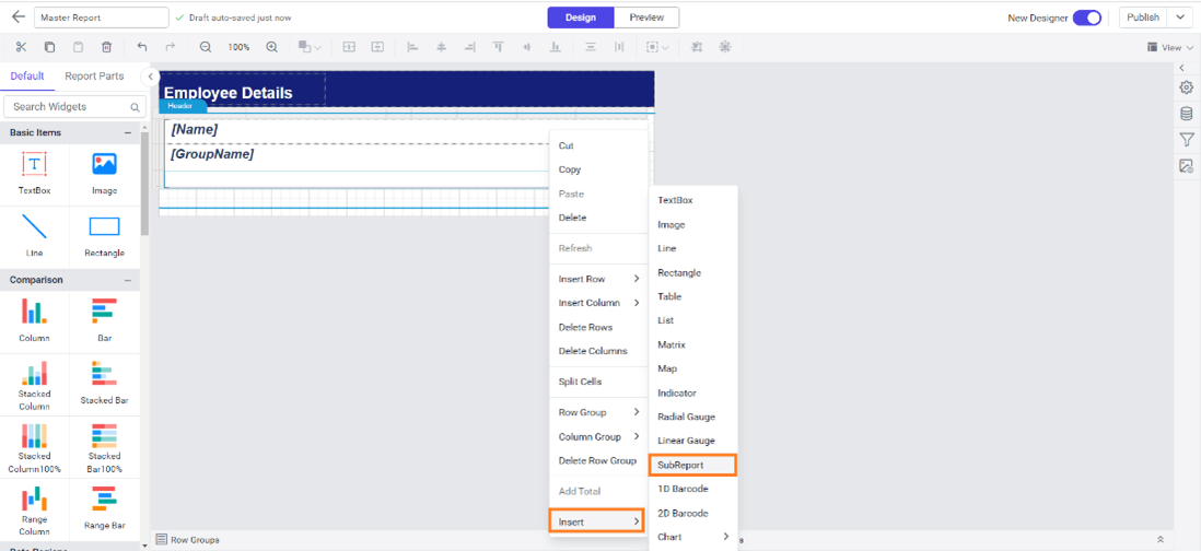 Adding a subreport within the master table