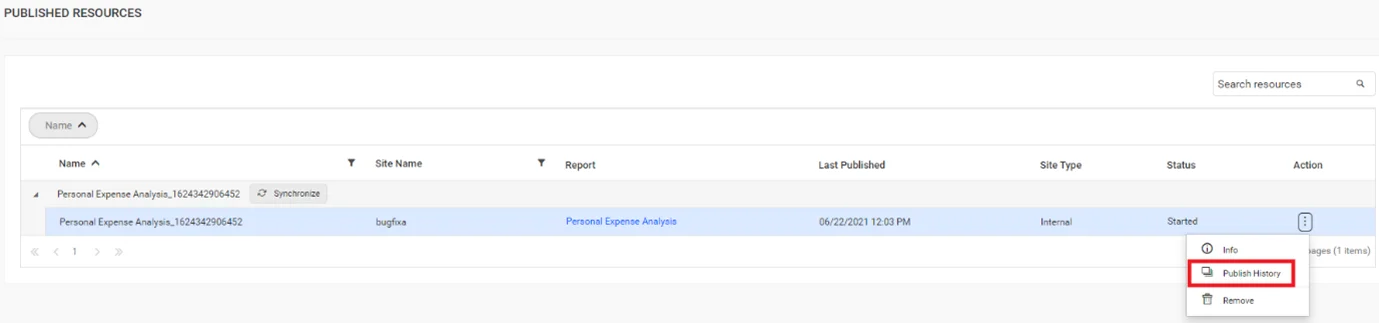 The Publish History option associated with a published report.