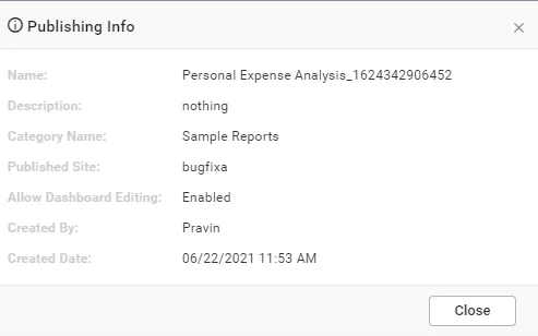 Publishing Info dialog displaying the report’s publishing information.