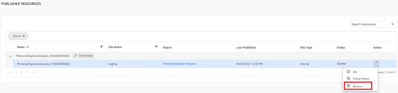 Context menu showing the option to remove a published report.