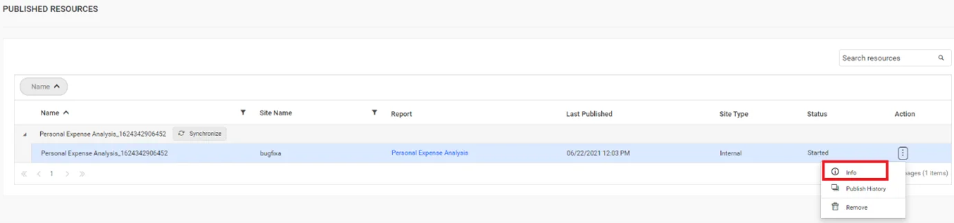 Info option in a report’s action menu.