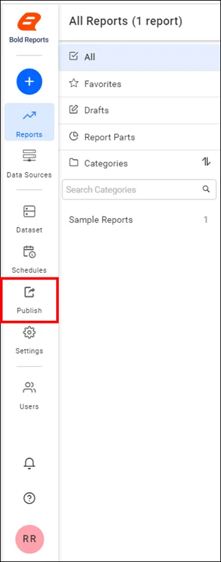 Navigation option to open the Published Resources page to show the list of published reports.