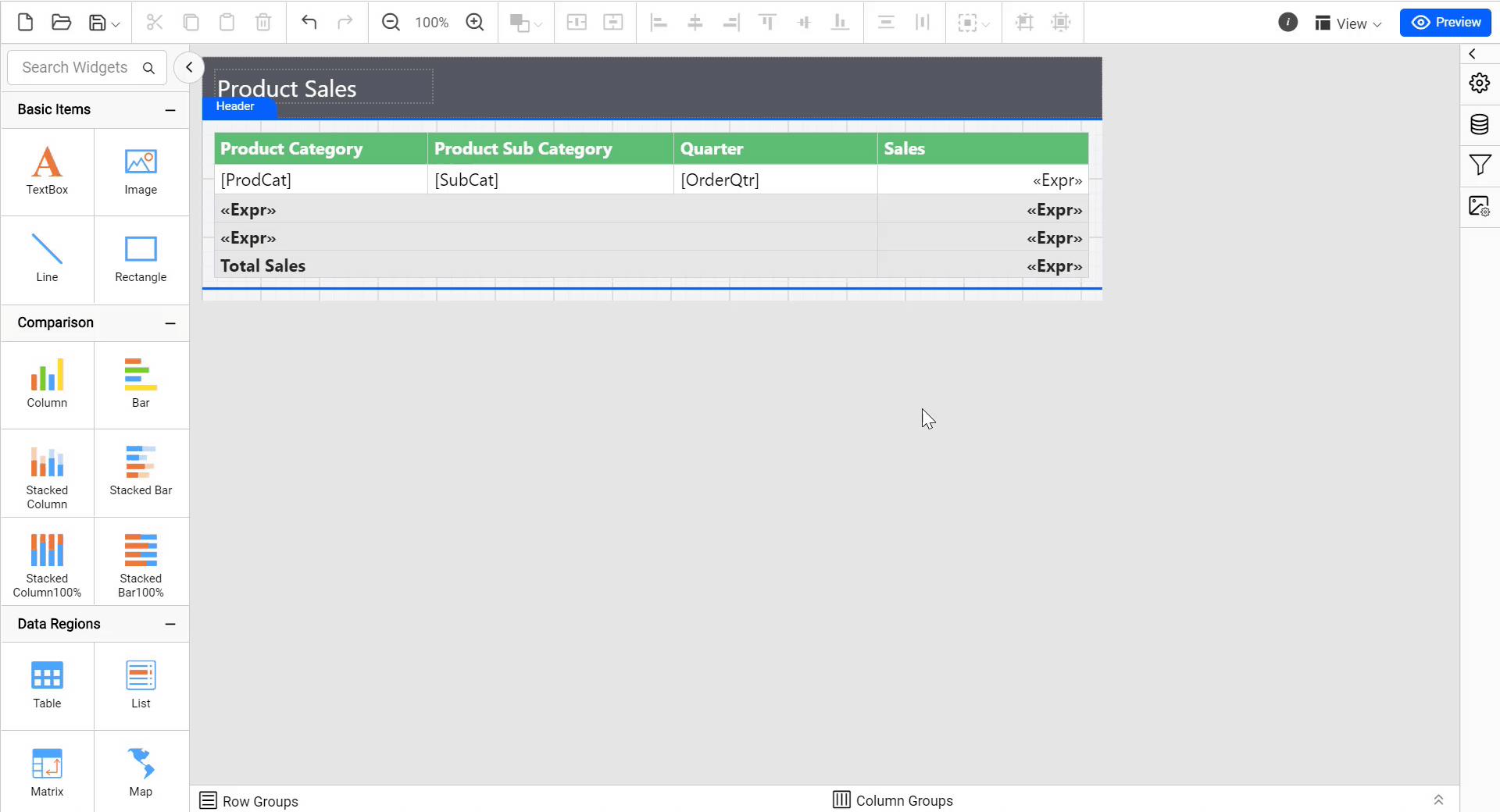 The product sales table before setting up the static row repetition